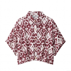 Women's Fashion Ikat Print Short Sleeve Blouse Shirt Casual Button Down Blouse With Wooden Buttons Red White Ethnic Style Polyester Top