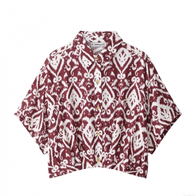 Women's Fashion Ikat Print Short Sleeve Blouse Shirt Casual Button Down Blouse With Wooden Buttons Red White Ethnic Style Polyester Top