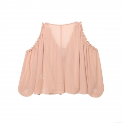 Women's Off Shoulder Ruffle Chiffon Blouse Pink Solid Color Lantern Sleeve Tie Front Sweet Elegant Lightweight Breathable Top For Daily Dating