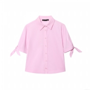 Women's Pink Short Sleeve Blouse Shirt Lapel Button Down Top With Cuff Tie Bow Details Casual Elegant Polyester Shirt For Daily Wear