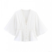Women's Elegant Solid Color Lace Trim V Neck Blouse Short Sleeve Pleated Button Up Shirt Sweet Summer Top For Lady