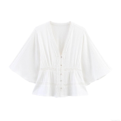 Women's Elegant Solid Color Lace Trim V Neck Blouse Short Sleeve Pleated Button Up Shirt Sweet Summer Top For Lady