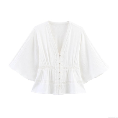 Women's Elegant Solid Color Lace Trim V Neck Blouse Short Sleeve Pleated Button Up Shirt Sweet Summer Top For Lady