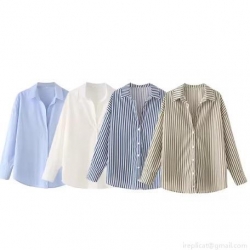 Women's Casual Poplin Shirt Long Sleeve Button Down Solid Color and Vertical Striped Blouse Elegant Office Work Tops for Women