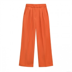 Women's High Waisted Wide Leg Trousers Solid Orange Straight Pleated Front Crease Casual Office Business Pants Polyester Long Trousers For Women