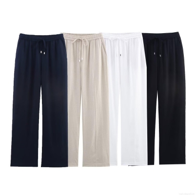 Women's High Waist Straight Leg Pants Linen Blend Casual Loose Drawstring Trousers Retro INS Style Solid Color Fashion Bottoms for Ladies