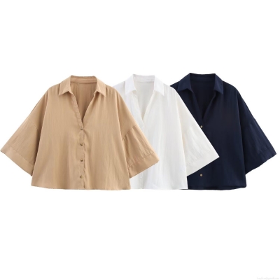 Women's Fashion Casual Short Sleeve Button Down Shirt Polyester Solid Color Loose Blouse Top For Daily Wear Lady Elegant Streetwear
