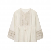 Women's Bohemian Long Sleeve Blouse Crochet Lace Patchwork Shirt With Tassel Tie Round Neck Solid Color Top For Vacation Daily Wear