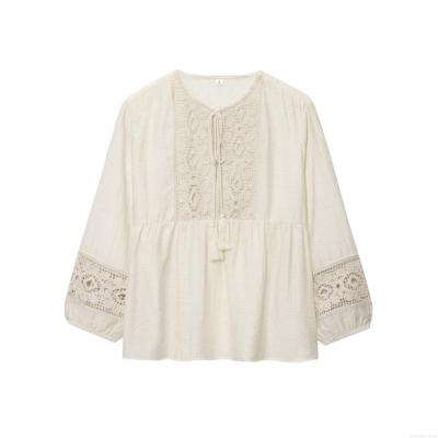 Women's Bohemian Long Sleeve Blouse Crochet Lace Patchwork Shirt With Tassel Tie Round Neck Solid Color Top For Vacation Daily Wear