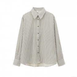 Women's Striped Long Sleeve Blouse Shirt Polyester Lapel Single Breasted Draped Top For Office Daily Wear Casual Temperament Elegant Fashion Apparel