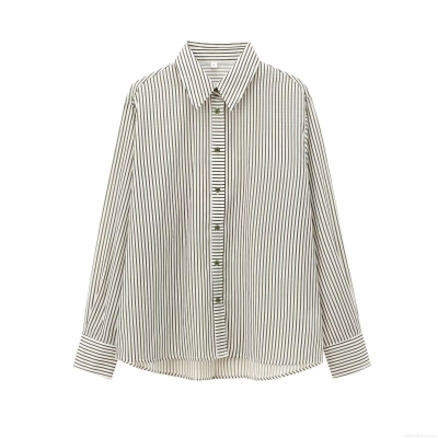 Women's Striped Long Sleeve Blouse Shirt Polyester Lapel Single Breasted Draped Top For Office Daily Wear Casual Temperament Elegant Fashion Apparel