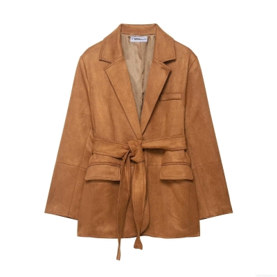 Women's Faux Suede Blazer Mid-Length Solid Color Suit Jacket With Belt And Patch Pockets Elegant Lapel Outerwear For Office Casual Ladies Commuter Wear