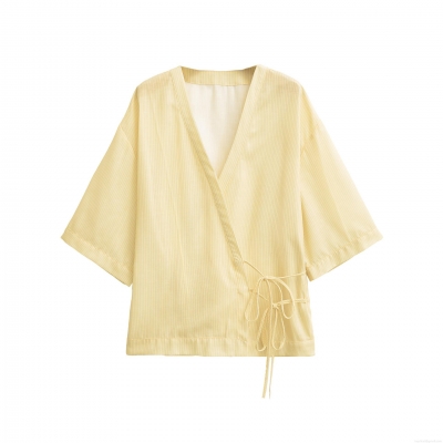 Women's Striped Kimono Style Tie Front Blouse V Neck Butterfly Bow Waist Casual Half Sleeve Wrap Top Summer Vacation Shirt