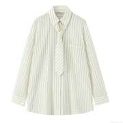 Women's Loose Casual Striped Long Sleeve Shirt With Matching Tie Cotton Blend Oversized Button Down Blouse Top For Office School Streetwear