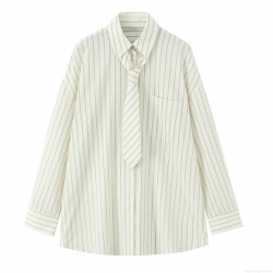 Women's Loose Casual Striped Long Sleeve Shirt With Matching Tie Cotton Blend Oversized Button Down Blouse Top For Office School Streetwear
