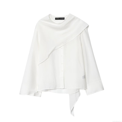 Women's Chic Asymmetric Layered Blouse Long Sleeve Minimalist White Shirt Casual Office Top For Lady