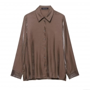 Women's Satin Glossy Long Sleeve Blouse Elegant Polyester Blend Button Down Shirt Solid Color Office Lady Commuter Tops