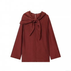 Women's Retro Bow Tie Neck Blouse Elegant Long Sleeve Polyester Shirt Solid Color Crinkle Texture Casual Top for Office Dating