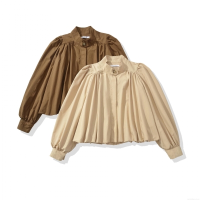 Women's British Style Pleated Blouse Stand Collar Lantern Sleeve Solid Color Cotton Blend Elegant Office Lady Casual Chic Shirts For Women