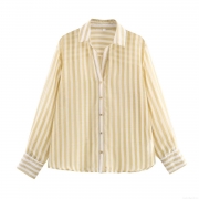 Fashion Women Striped Blouse Casual Loose Long Sleeve Single Breasted Shirt Polyester Lightweight Tops For Spring Autumn Dating Women Wear