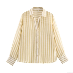 Fashion Women Striped Blouse Casual Loose Long Sleeve Single Breasted Shirt Polyester Lightweight Tops For Spring Autumn Dating Women Wear