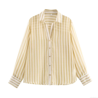 Fashion Women Striped Blouse Casual Loose Long Sleeve Single Breasted Shirt Polyester Lightweight Tops For Spring Autumn Dating Women Wear