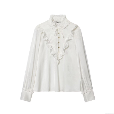 Elegant White Satin Jacquard Women Blouse With Ruffle Stand Collar Gold Buttons Long Sleeve Polyester Shirt Vintage Socialite Tops For Party Daily