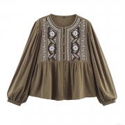 Women's Bohemian Vintage Floral Embroidery Blouse Cotton Blend Long Sleeve Round Neck Single Breasted Casual Shirt Olive Green Tops
