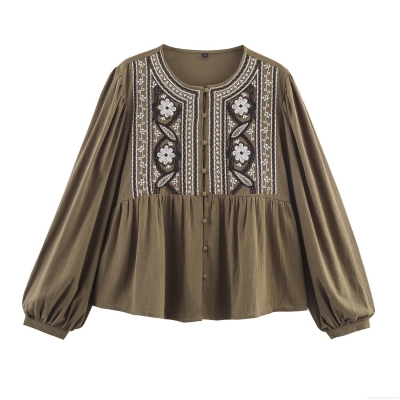 Women's Bohemian Vintage Floral Embroidery Blouse Cotton Blend Long Sleeve Round Neck Single Breasted Casual Shirt Olive Green Tops
