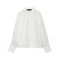 Women French Style Stand Collar Tie Neck Blouse Elegant Lantern Long Sleeve Pleated Shirt Solid White Polyester Tops For Daily Commute