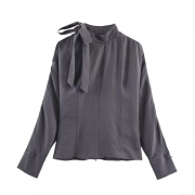 Elegant Women's Satin Polyester Blouse Featuring Shoulder Slit And Bow Tie Mock Neck Long Sleeve Casual Top For Office Party Dating Grey