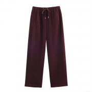 Women's High Waist Wide Leg Pants Casual Drawstring Elastic Waist Polyester Woven Straight Trousers Solid Color Loose Slacks For Women Daily Wear
