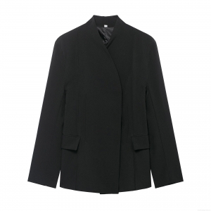 Women's Slim Fit Solid Black Blazer Jacket Long Sleeve Polyester Casual Office Business Suit Outerwear Fashion Lapel Coat With Flap Pockets