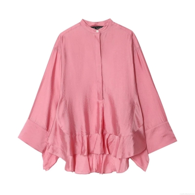 Elegant Women's Satin Ruffle Blouse Long Sleeve Stand Collar Single Breasted Solid Color Silk Like Shirt Top For Spring Office Party Casual