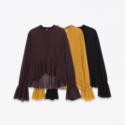 Women's Elegant Ruffle Flare Sleeve Chiffon Blouse Solid Color Round Neck Layered Design Long Sleeve Pullover Tops For Casual Party Daily Wear